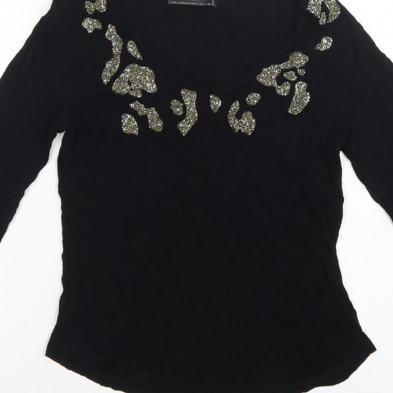 Zara Women Black S Rhinestone Leopard Scoop Neck Long Sleeve T-Shirt