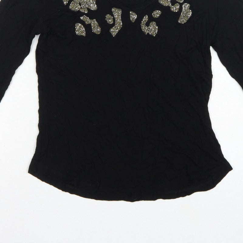 Zara Women Black S Rhinestone Leopard Scoop Neck Long Sleeve T-Shirt