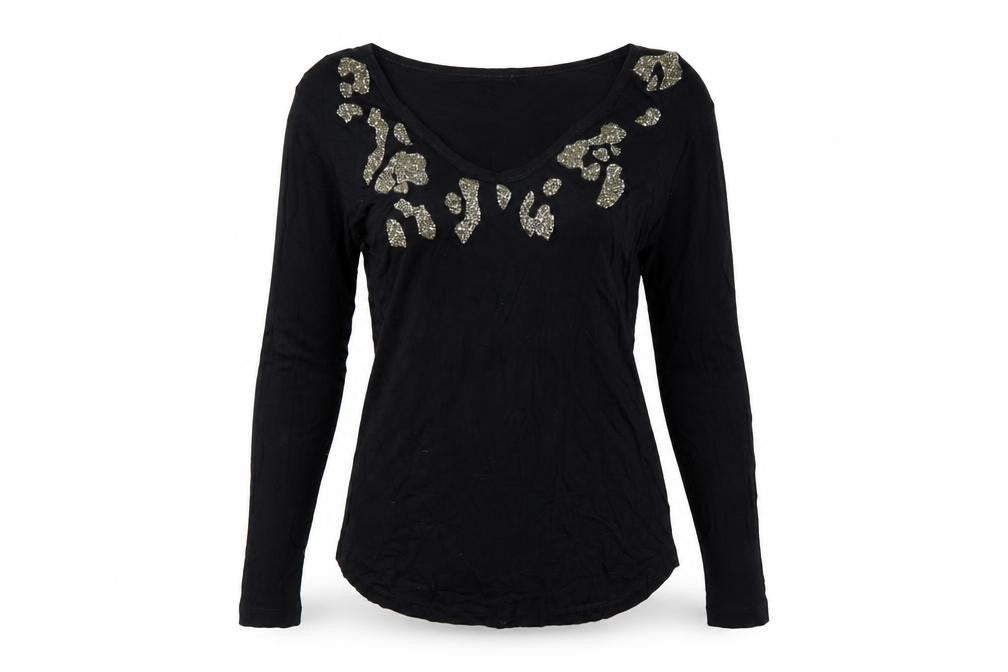 Zara Women Black S Rhinestone Leopard Scoop Neck Long Sleeve T-Shirt