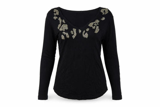 Zara Women Black S Rhinestone Leopard Scoop Neck Long Sleeve T-Shirt