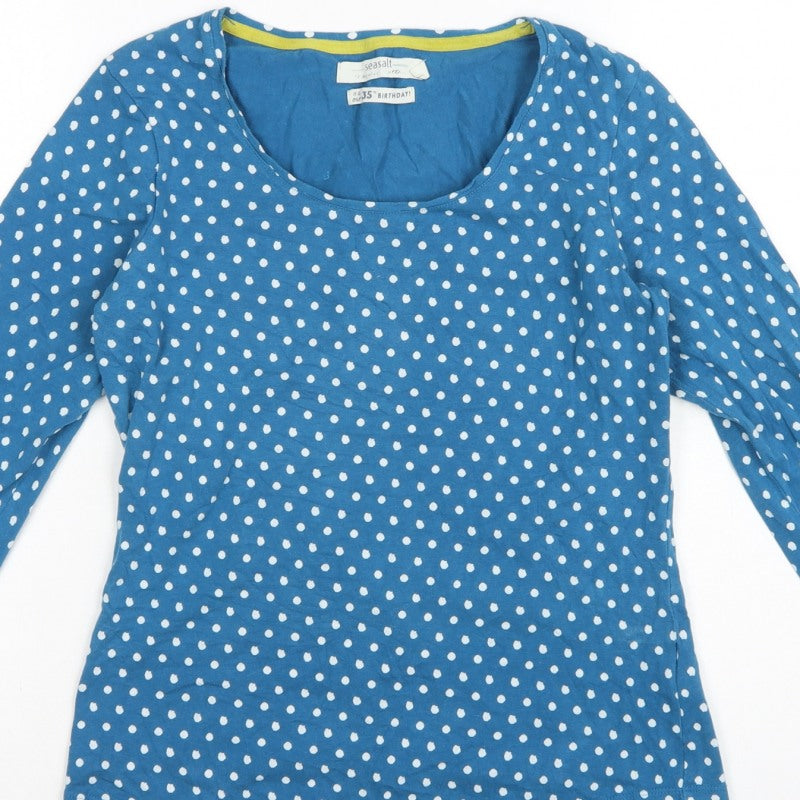 Seasalt Women Blue Polka Dot UK 12 3/4 Bell Sleeve Jersey T-Shirt