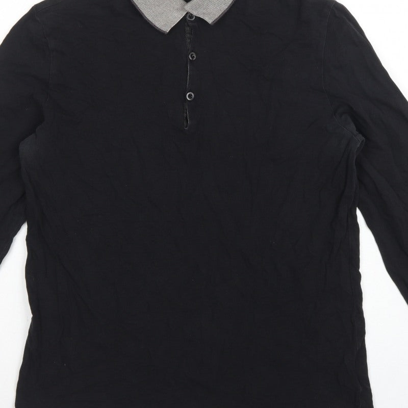 Hugo Boss Mens Black Grey Long Sleeve Cotton Polo Shirt L Logo