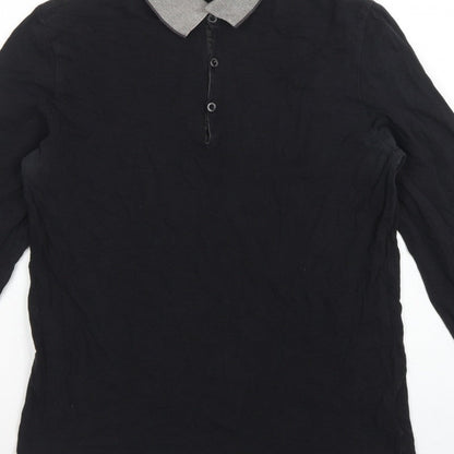 Hugo Boss Mens Black Grey Long Sleeve Cotton Polo Shirt L Logo