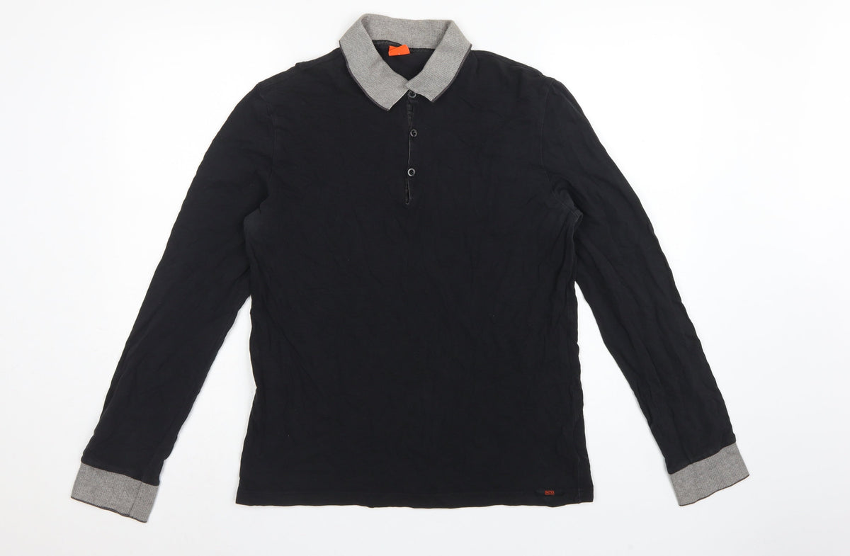 Hugo Boss Mens Black Grey Long Sleeve Cotton Polo Shirt L Logo