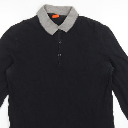 Hugo Boss Mens Black Grey Long Sleeve Cotton Polo Shirt L Logo