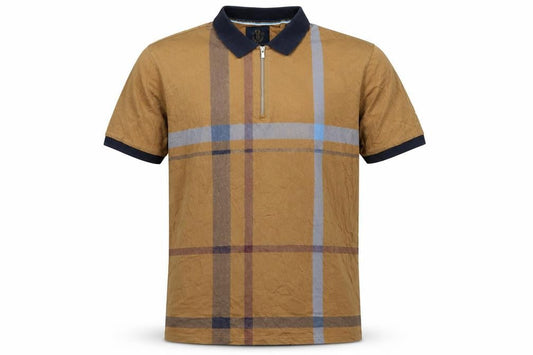 Front view of Next Men's Brown XL Check 1/4 Zip Short Sleeve Cotton Polo Shirt
