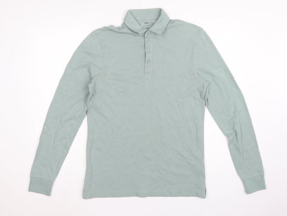 Marks and Spencer Men Green S Regular Fit Long Sleeve Cotton Polo