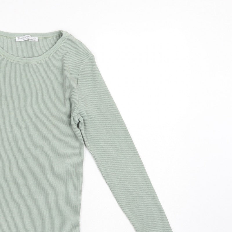 Stradivarius Women Green L Slim Ribbed Crew Neck Long Sleeve T-Shirt