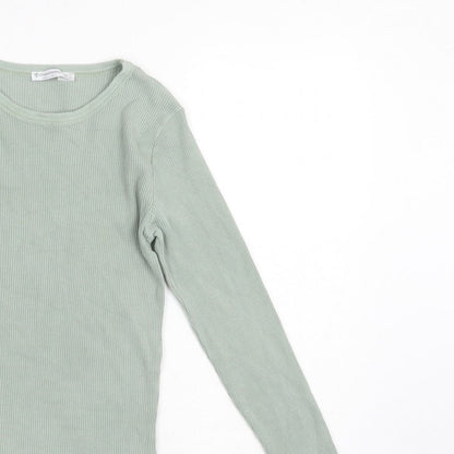 Stradivarius Women Green L Slim Ribbed Crew Neck Long Sleeve T-Shirt