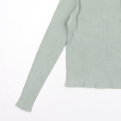 Stradivarius Women Green L Slim Ribbed Crew Neck Long Sleeve T-Shirt