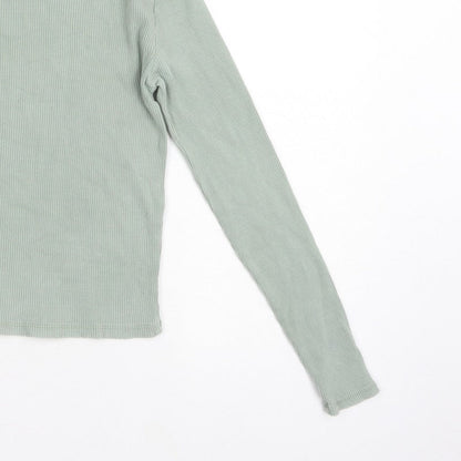 Stradivarius Women Green L Slim Ribbed Crew Neck Long Sleeve T-Shirt