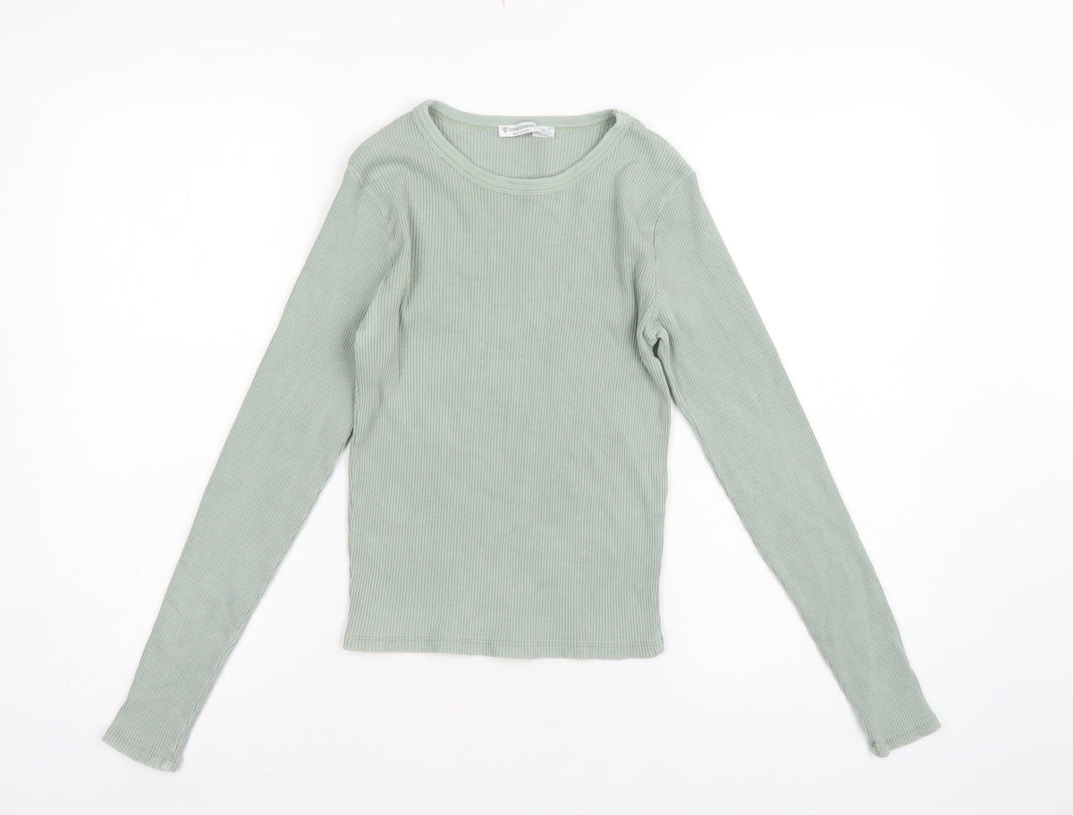 Stradivarius Women Green L Slim Ribbed Crew Neck Long Sleeve T-Shirt