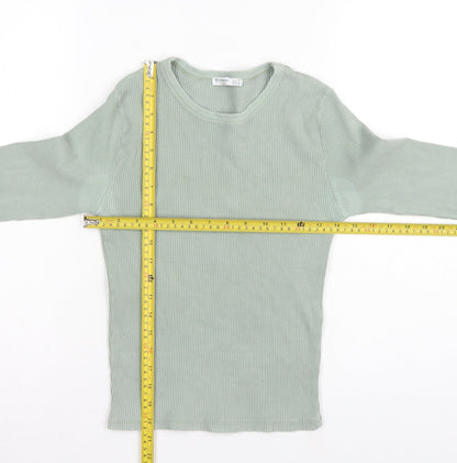 Stradivarius Women Green L Slim Ribbed Crew Neck Long Sleeve T-Shirt