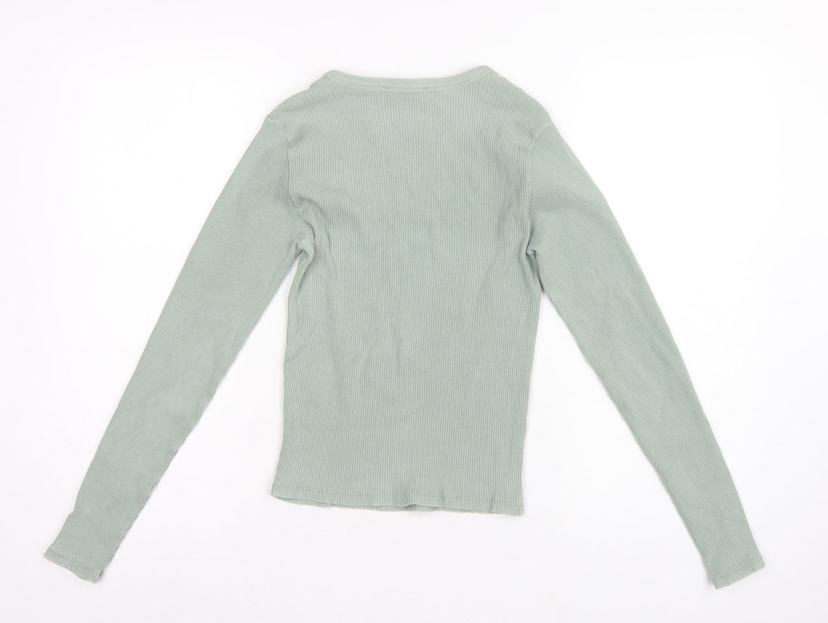 Stradivarius Women Green L Slim Ribbed Crew Neck Long Sleeve T-Shirt