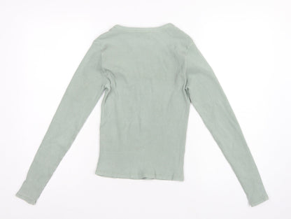 Stradivarius Women Green L Slim Ribbed Crew Neck Long Sleeve T-Shirt