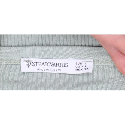 Stradivarius Women Green L Slim Ribbed Crew Neck Long Sleeve T-Shirt