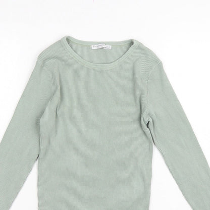Stradivarius Women Green L Slim Ribbed Crew Neck Long Sleeve T-Shirt