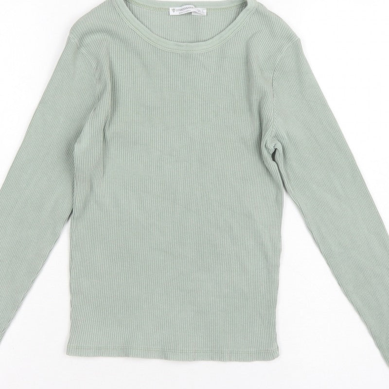 Stradivarius Women Green L Slim Ribbed Crew Neck Long Sleeve T-Shirt