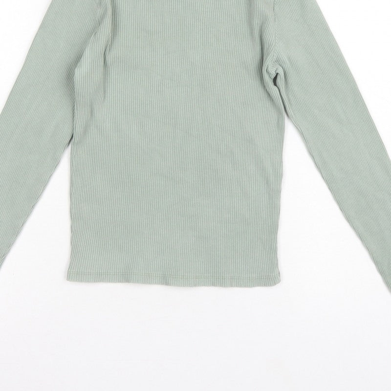 Stradivarius Women Green L Slim Ribbed Crew Neck Long Sleeve T-Shirt