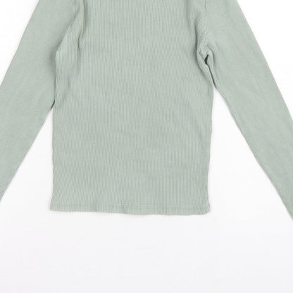 Stradivarius Women Green L Slim Ribbed Crew Neck Long Sleeve T-Shirt
