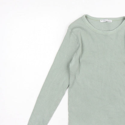 Stradivarius Women Green L Slim Ribbed Crew Neck Long Sleeve T-Shirt