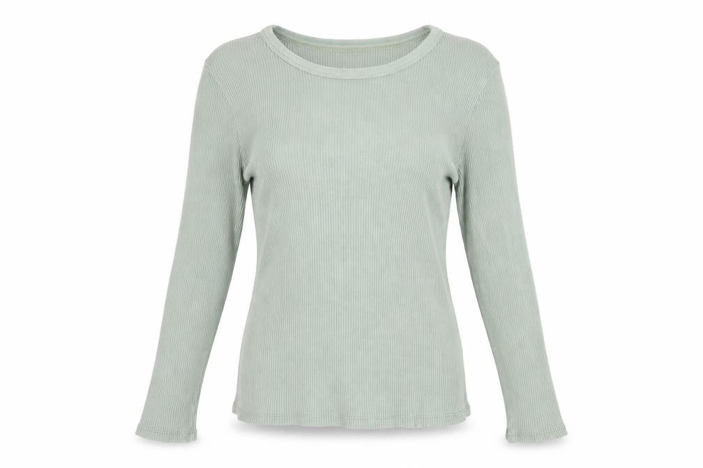 Stradivarius Women Green L Slim Ribbed Crew Neck Long Sleeve T-Shirt