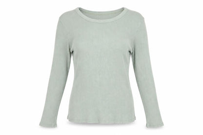 Stradivarius Women Green L Slim Ribbed Crew Neck Long Sleeve T-Shirt
