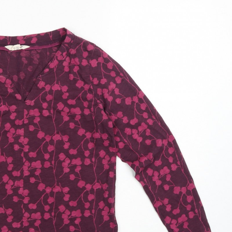 White Stuff Women Purple UK 6 Floral V-Neck Long Sleeve Cotton Blouse
