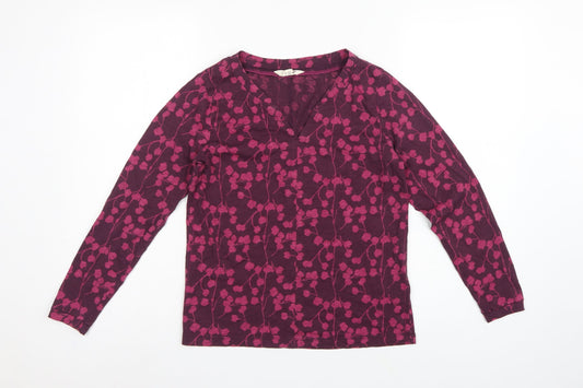 White Stuff Women Purple UK 6 Floral V-Neck Long Sleeve Cotton Blouse