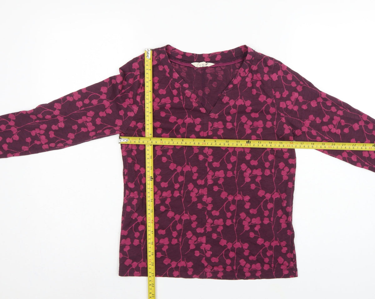 White Stuff Women Purple UK 6 Floral V-Neck Long Sleeve Cotton Blouse