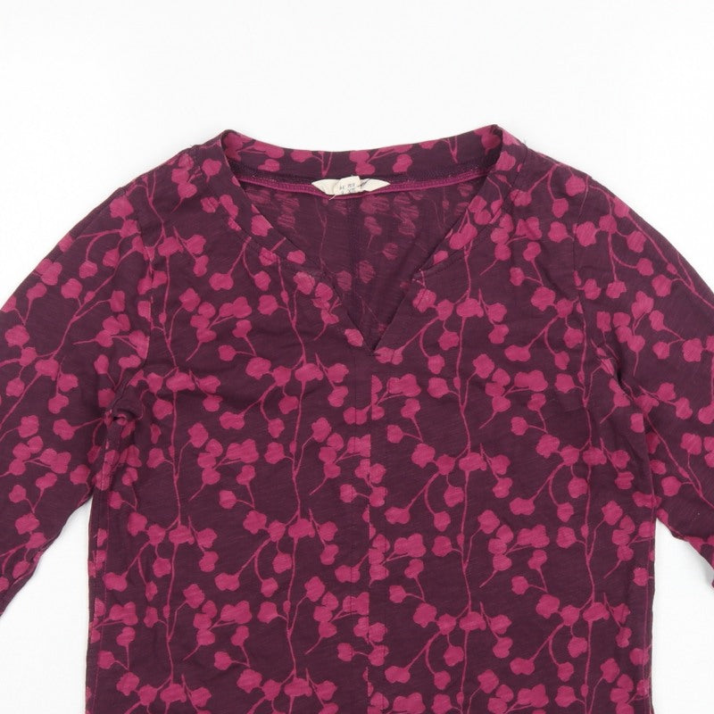 White Stuff Women Purple UK 6 Floral V-Neck Long Sleeve Cotton Blouse