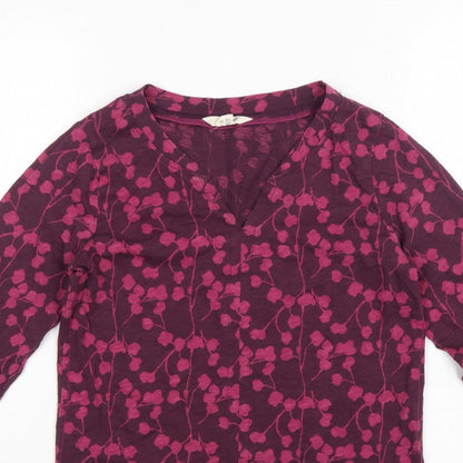 White Stuff Women Purple UK 6 Floral V-Neck Long Sleeve Cotton Blouse
