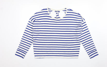 Oliver Bonas Women Blue White Stripe V-Neck Keyhole Back Top UK 16