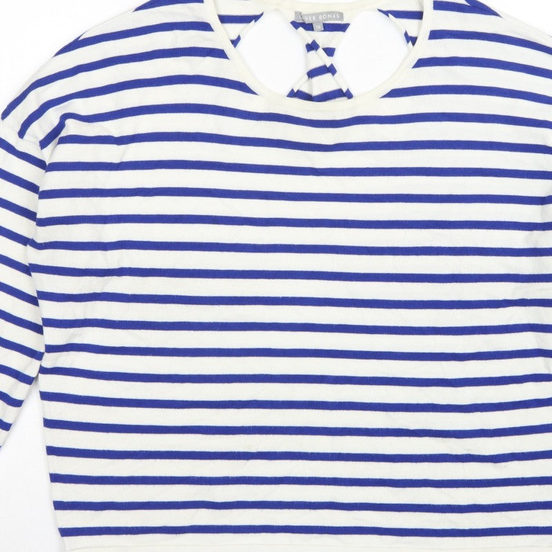 Oliver Bonas Women Blue White Stripe V-Neck Keyhole Back Top UK 16