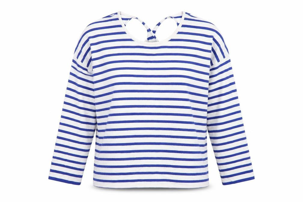 Oliver Bonas Women Blue White Stripe V-Neck Keyhole Back Top UK 16