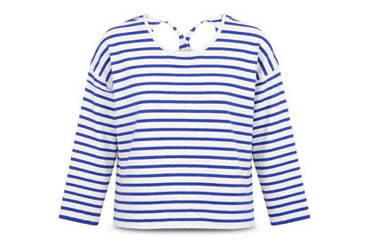 Oliver Bonas Women Blue White Stripe V-Neck Keyhole Back Top UK 16