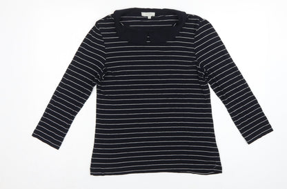 Hobbs Women Black White Striped Long Sleeve Collared Polo Top M