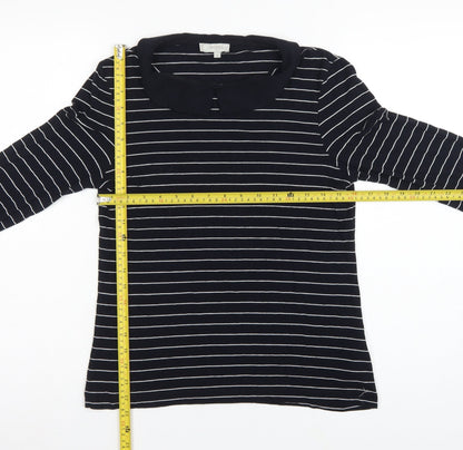 Hobbs Women Black White Striped Long Sleeve Collared Polo Top M