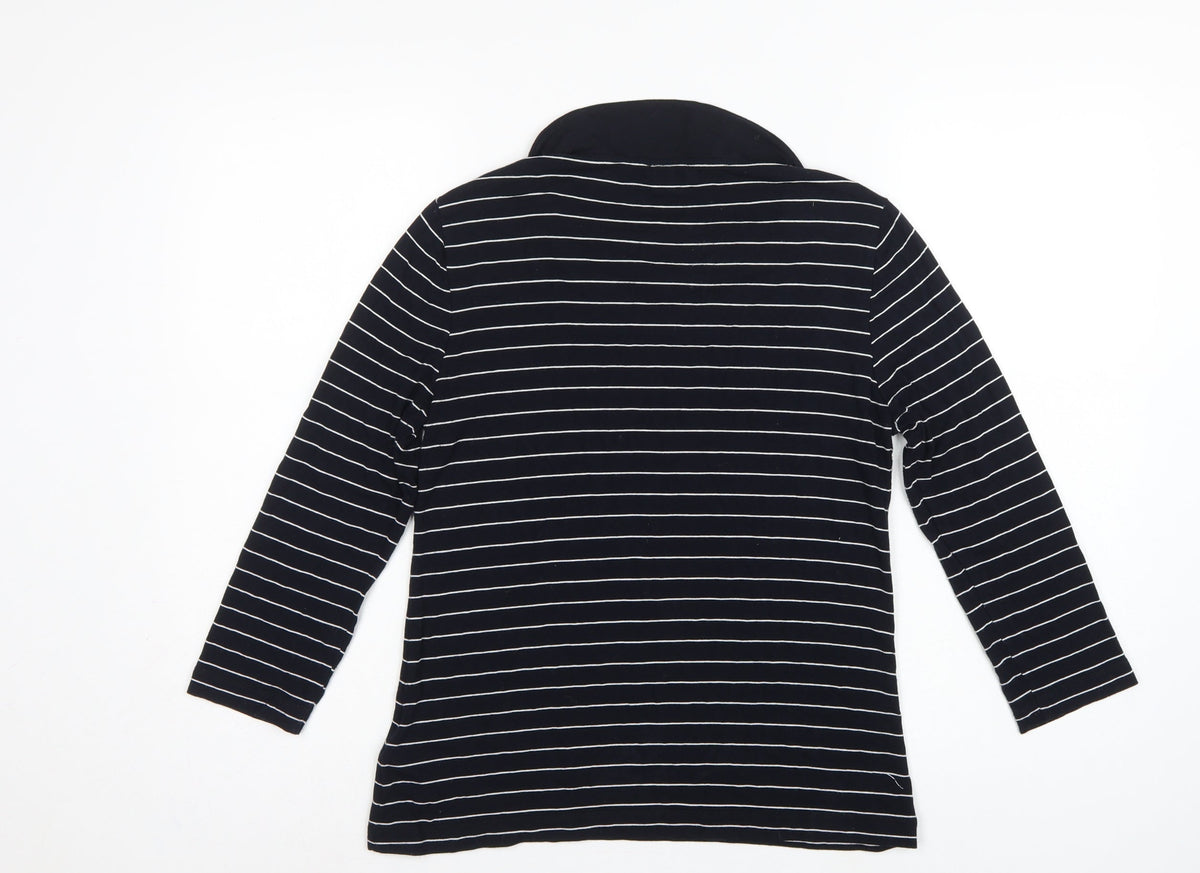 Hobbs Women Black White Striped Long Sleeve Collared Polo Top M