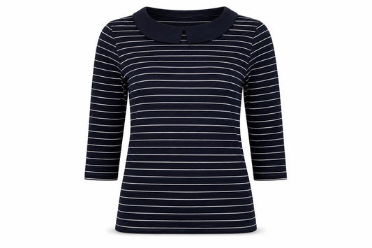 Hobbs Women Black White Striped Long Sleeve Collared Polo Top M