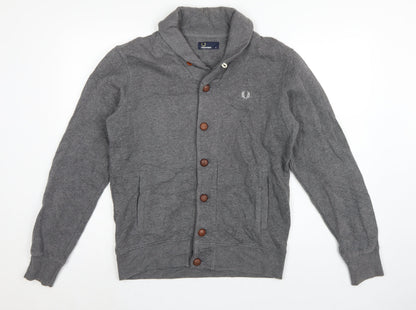 Fred Perry Men’s Grey M Hooded Button Cardigan Sweatshirt Logo