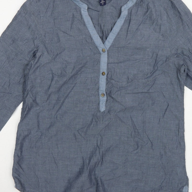 Gap Women Blue Cotton V-Neck Button Long Sleeve Blouse Size M