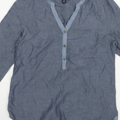 Gap Women Blue Cotton V-Neck Button Long Sleeve Blouse Size M