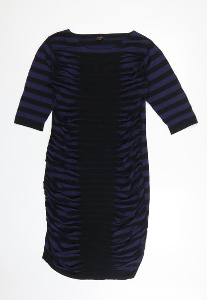 Phase Eight Women Blue Black Stripe Ruched Bodycon Dress UK 14