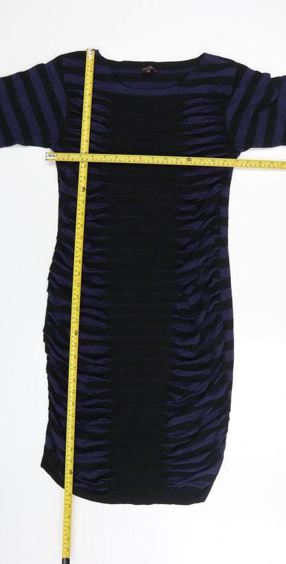 Phase Eight Women Blue Black Stripe Ruched Bodycon Dress UK 14