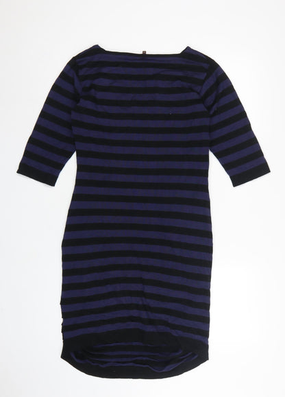 Phase Eight Women Blue Black Stripe Ruched Bodycon Dress UK 14