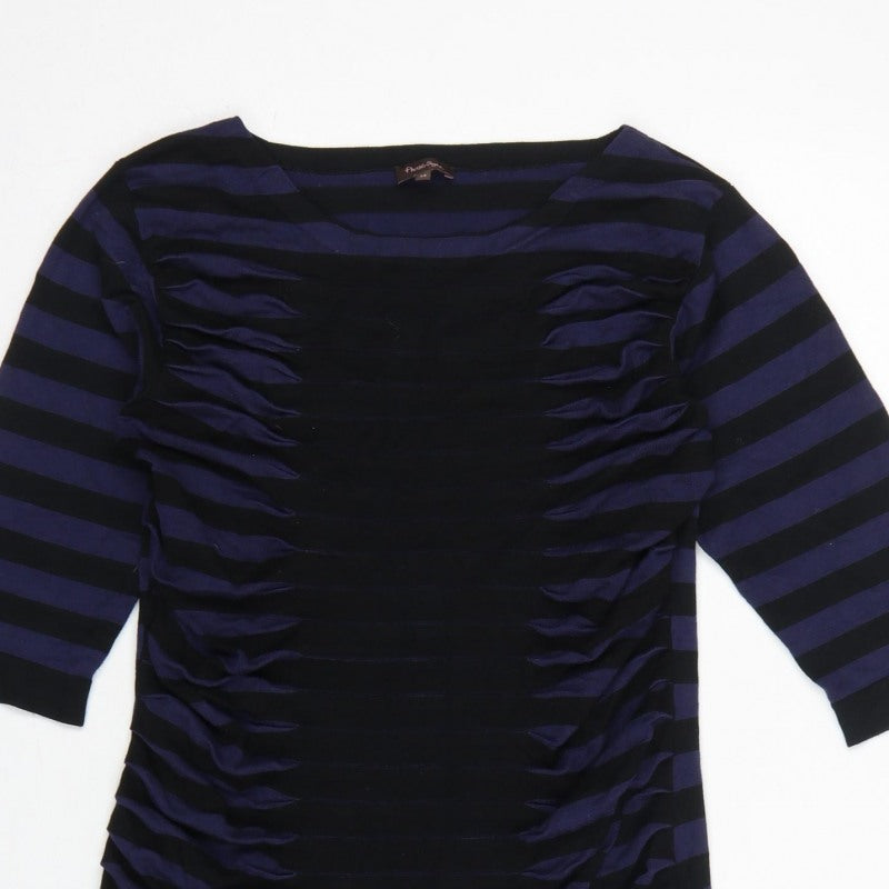 Phase Eight Women Blue Black Stripe Ruched Bodycon Dress UK 14