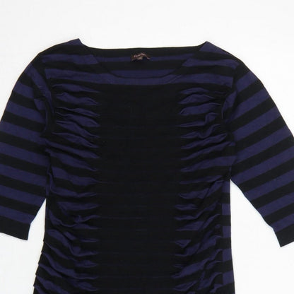 Phase Eight Women Blue Black Stripe Ruched Bodycon Dress UK 14