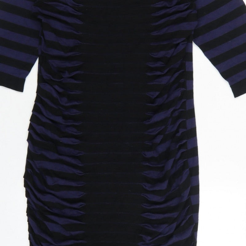 Phase Eight Women Blue Black Stripe Ruched Bodycon Dress UK 14