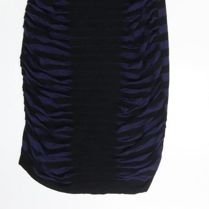 Phase Eight Women Blue Black Stripe Ruched Bodycon Dress UK 14